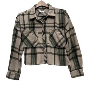 Ci Sono Womens L Plaid Cropped Flannel Shacket Shirt Jacket Oat & Olive Green